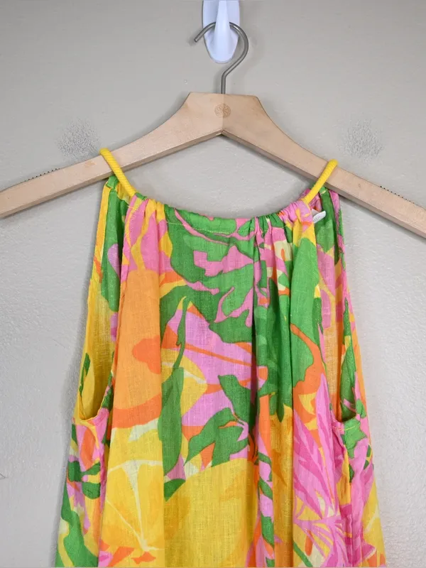 C&C California Women's S Lemon Print Green Pink Linen Blend Mini Beach Sundress - Image 3