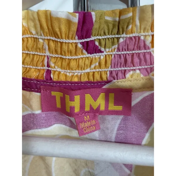 THML Women’s Yellow Pink Abstract Swirl Puff Sleeve V-Neck Blouse Top Size M - Image 8