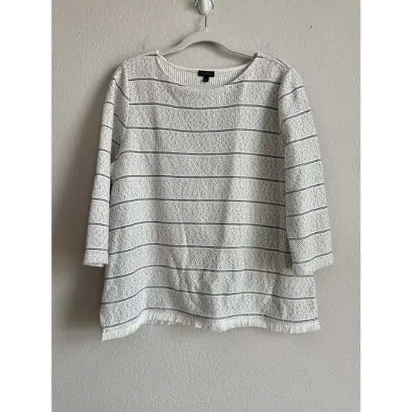 Talbots Women's Size Large 3/4 Sleeve Fringe Hem Sweater Top White Black Stripes - Image 6