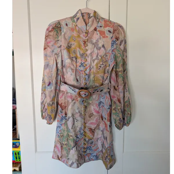 NWOT $950 Zimmermann Illustration Buttoned Belted Floral Linen Mini Dress size 0 - Image 4