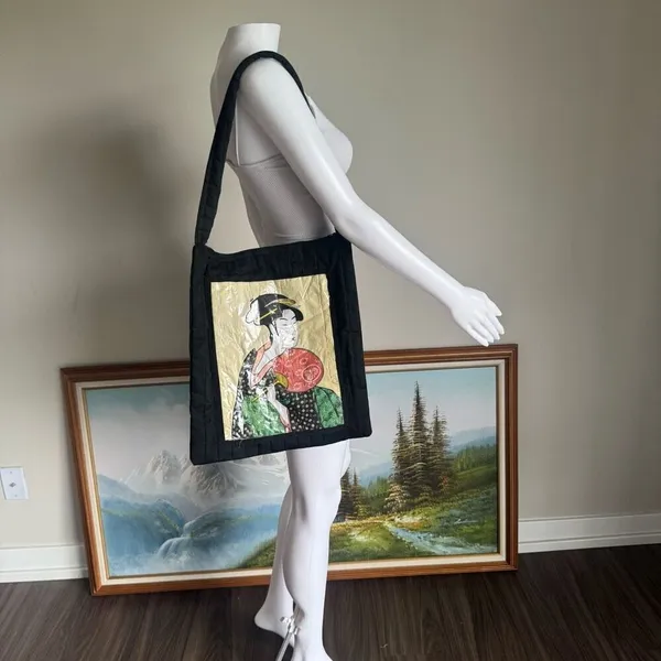 Vintage Black & Gold Geisha Print Quilted Tote Bag - Image 3