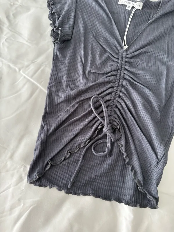 Grey Shirring Tie Detail Rib Knit Crop Top - Image 3