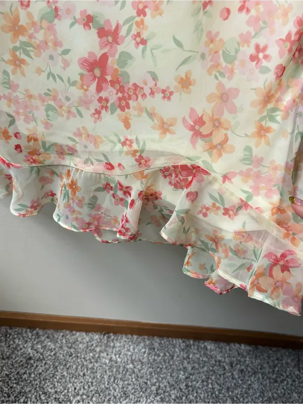 Vintage Pastel Yellow Floral Ruffle Midi Dress - Image 2