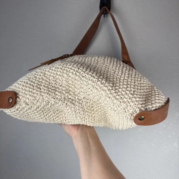 Lucky Brand Ivory Cotton‎ Crochet Leather Trim Boho Hobo Shoulder Bag Purse Tote - Image 7