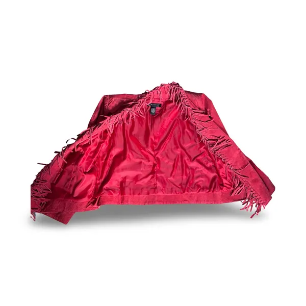 Vintage Red Suede‎ Leather Fringe Jacket Western Boho Statement Festival Piece - Image 8