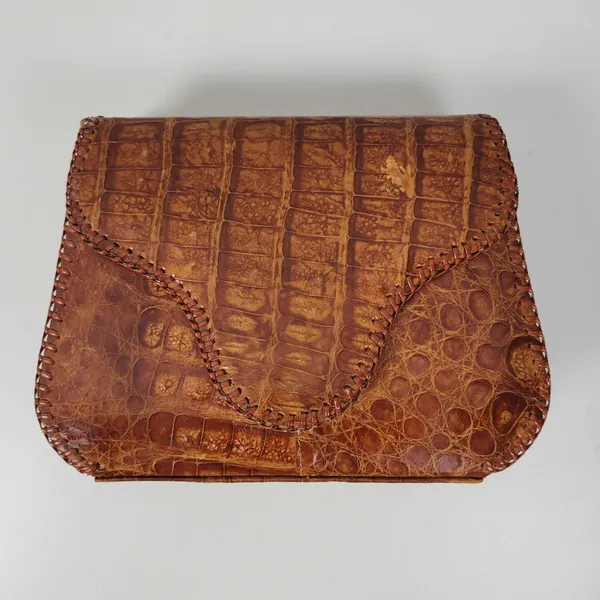 Vintage Womens Genuine Alligator Skin Leather Clutch Purse Cognac Brown Handmade - Image 5