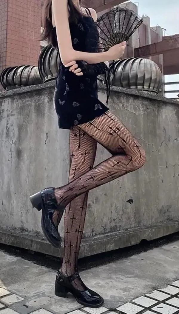 Cross Pattern Fishnet Tights, Hollow Out High Waist Mesh Pantyhose, Women's Stockings & Hosiery One Size 100% Polyester - Image 9