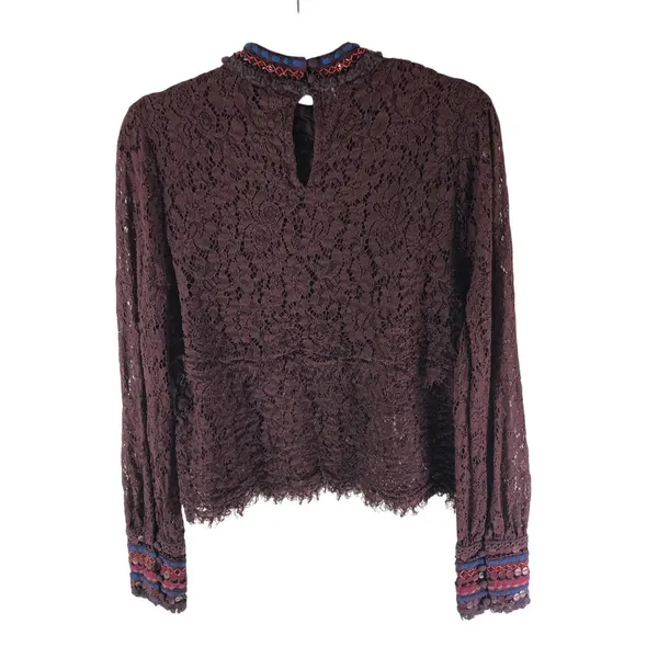 Blank London Womens Top Blouse Lace Embroidered Sequin High Neck Burgundy M - Image 3
