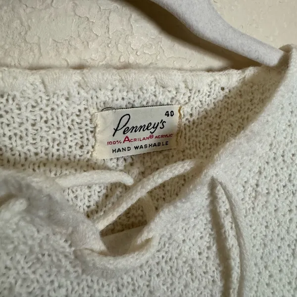 Vintage 70s Sleeveless Knit Top Sz Small Tie‎ Up Cream - Image 3
