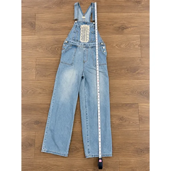 POL Light Wash Denim Overalls Size M Crochet Lace Wide Leg Boho - Image 10