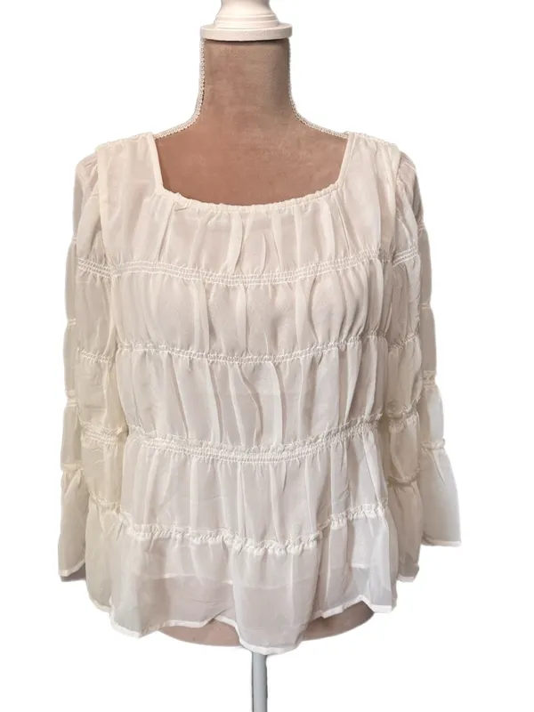 Madewell Tiered Smocked Chiffon White Blouse women’s Size M Top Square Neck New - Image 2