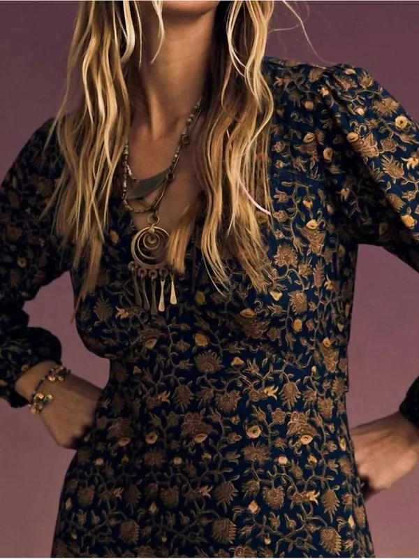 Xirena Charly Midi Dress Floral Long Sleeve Brown & Navy Blue | XL - Image 3