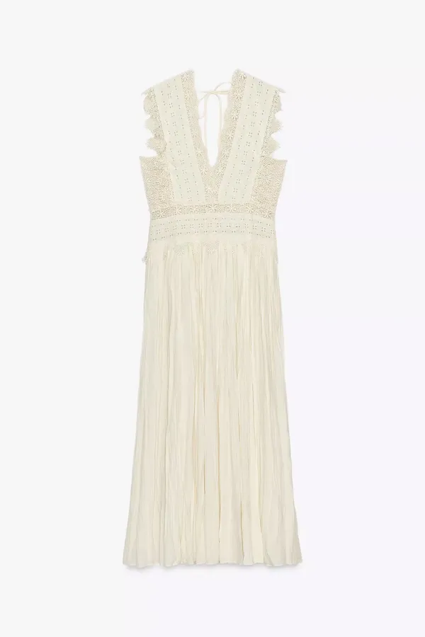 Zara Elegant Lace Trim Dress beads cream boho hippie summer beach - Image 8