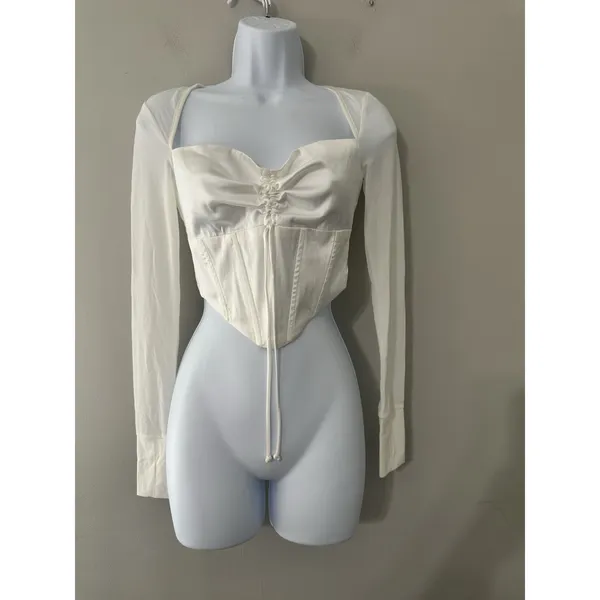 NIA The Label Taurus Top XS White Ruched Satin Corset‎ Bodice Long Sleeve Mesh - Image 2