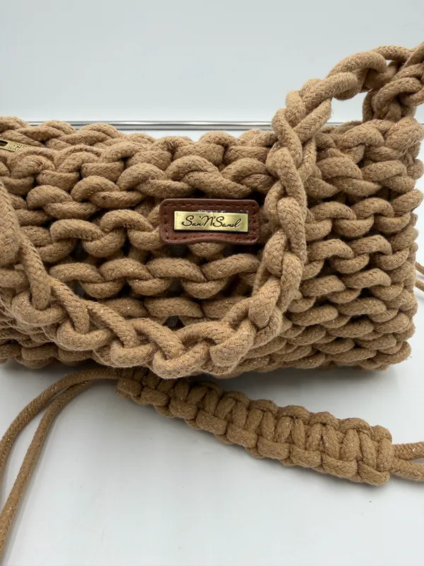 Sun N Sand Chunky Crochet Rope Shoulder Crossbody Bag Tan Boho Y2K - Image 2
