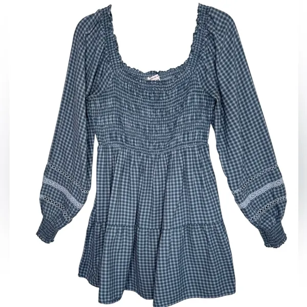 American Eagle Plaid Mini Dress Smocked Long Sleeve Square Neck Gingham Babydoll - Image 2