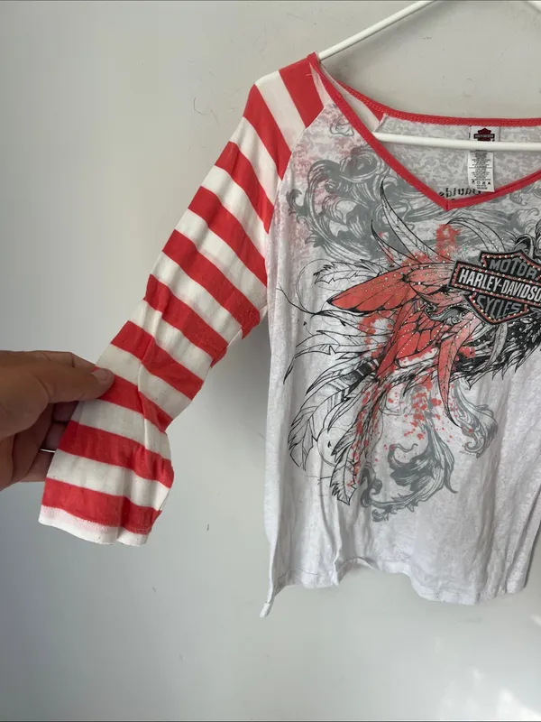 Harley Davidson Stripe Sleeve Oklahoma City OKC womens top, size Medium ^ - Image 4