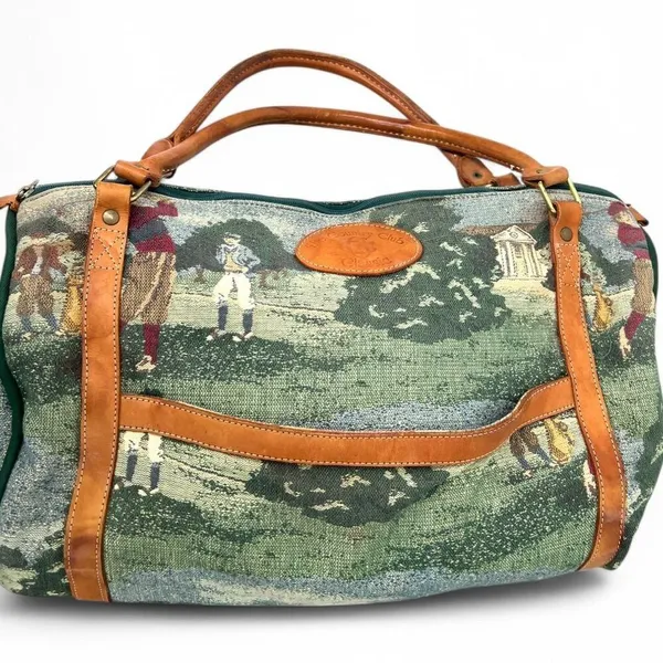 Vintage 90's Golf Golfer Tapestry Leather Small Duffle Bag w/ Matching Pouch - Image 5