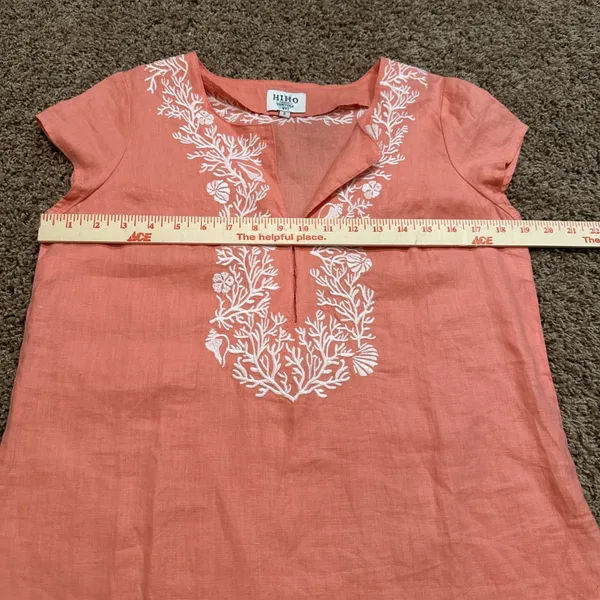 HIHO Tortola Women's Coral 100% Linen White Embroidered Beach Dress Sz. SMALL - Image 5