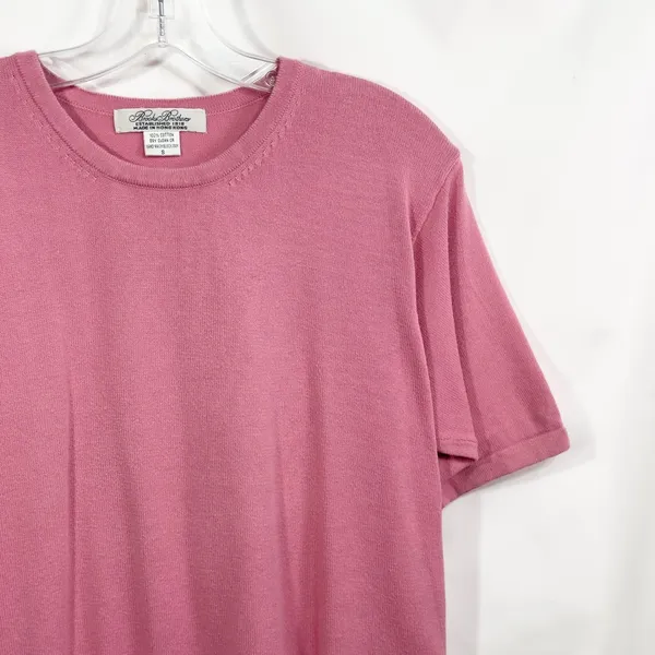 Brooks Brothers‎ Small Top Cotton Knit Short Sleeve Crew Neck Pink 1377 - Image 5