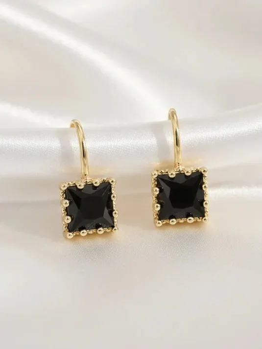 Gold Drop Earrings with Black Square Gemstones - Image 3