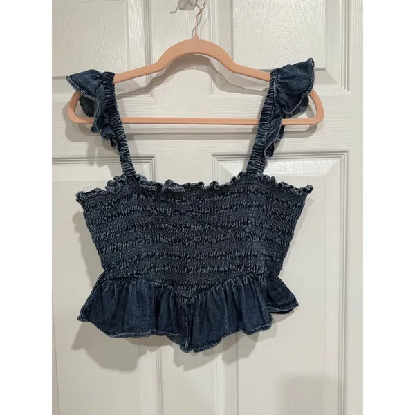 American Eagle Womens Denim Smocked Peplum Crop Top Dark‎ Wash Ruffle Straps M - Image 3