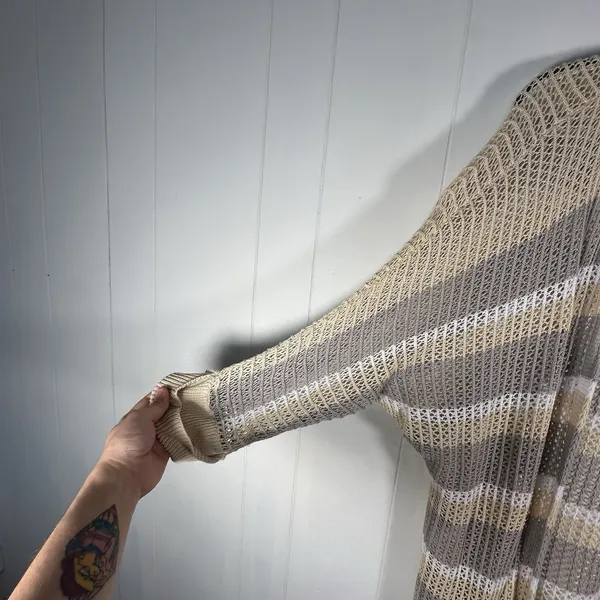 Women’s XL Beige Striped Open Knit Long Cardigan Duster Boho - Image 3