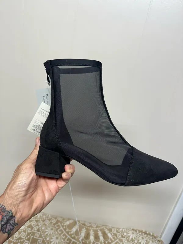a new day Black Pointed Toe Block Heel Mesh Ankle Boots - Image 3