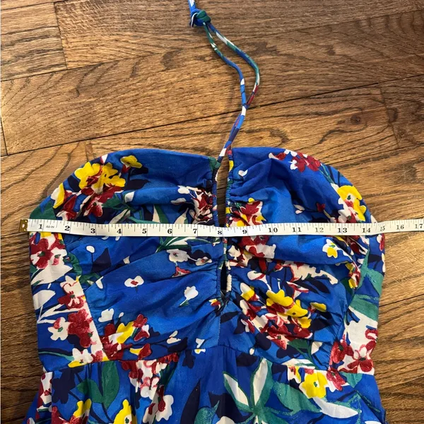 Anthropologie Emily Halter Mini Dress Small Floral Cut Out Ruched Open Back Blue - Image 7