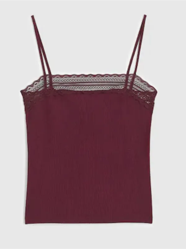 Madewell 90s Camisole Womens Small Ribbed Lace Spaghetti Strap Burgundy Top - Image 5