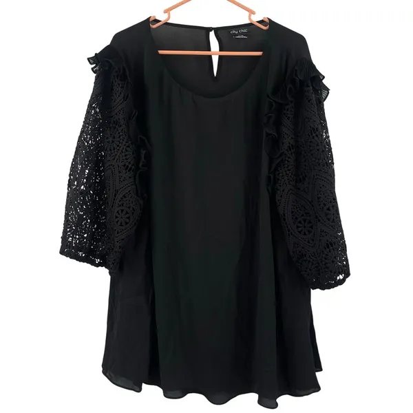 CITY CHIC Blouse Size XL/22 Lace Breeze Top Black Embroidered Eyelet Statement - Image 2
