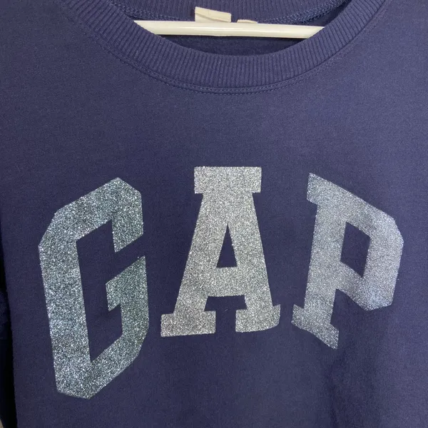 EUC GAP women’s navy blue glitter decal fleece lined long crewneck sweatshirt L‎ - Image 4