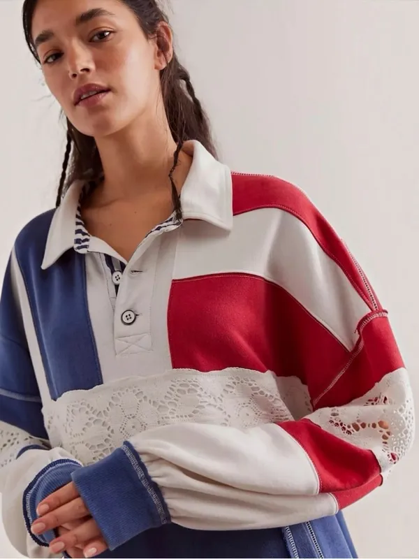 🆕 Free People X We The Free | American Dream Polo Pullover | Sz: L - Image 3