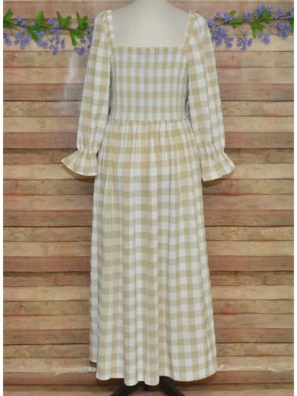 NWT Mud Pie Large Byerly Midi Dress Tan Gingham Plaid Smocked Cottagecore Ruffle - Image 7