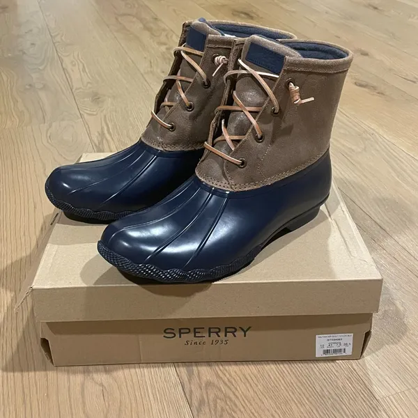 🍁 NEW Sperry Navy & Brown Water Resistant Leather Saltwater Duck Boot Size 10 - Image 2