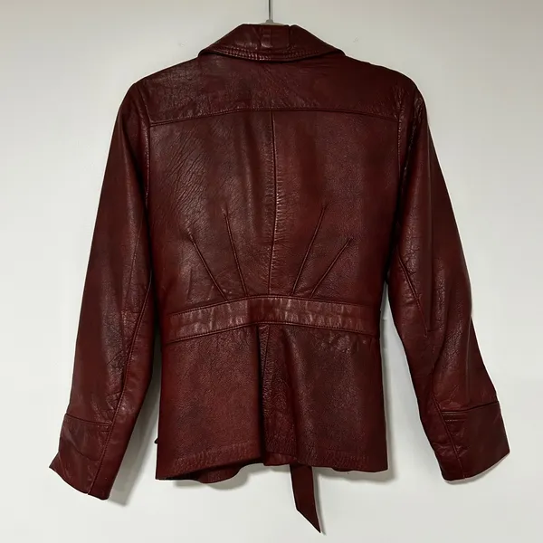 Womens Genuine Leather Belted Blazer Jacket Burgundy Size‎ Small - Image 8