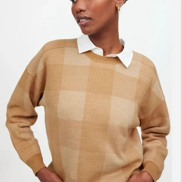 MADEWELL Women's XL Merinol Wool Windowpane Plaid Pullover Sweater Camel Tan - Image 7