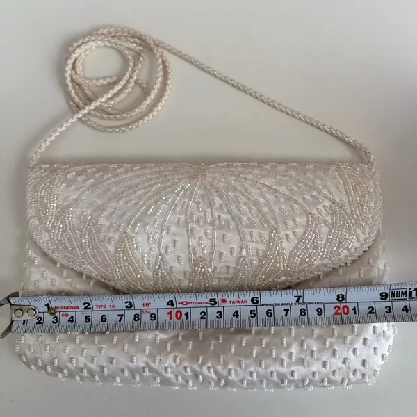 Vintage White Beaded Satin Clutch Purse | Pearl Evening Bag Bridal Prom 90s Y2K - Image 7