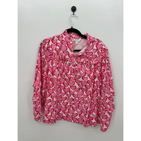 Crown & Ivy Womens Large Pink White Heart Print Ruffle Clip Dot Cotton Blouse - Image 2