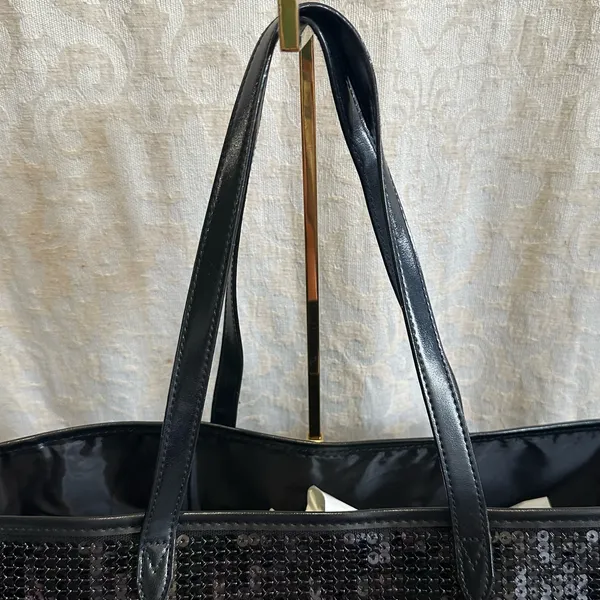 Victorias Secret Metallic Sequin Striped Large Black Tote Gold Red Silver Bag - Image 7