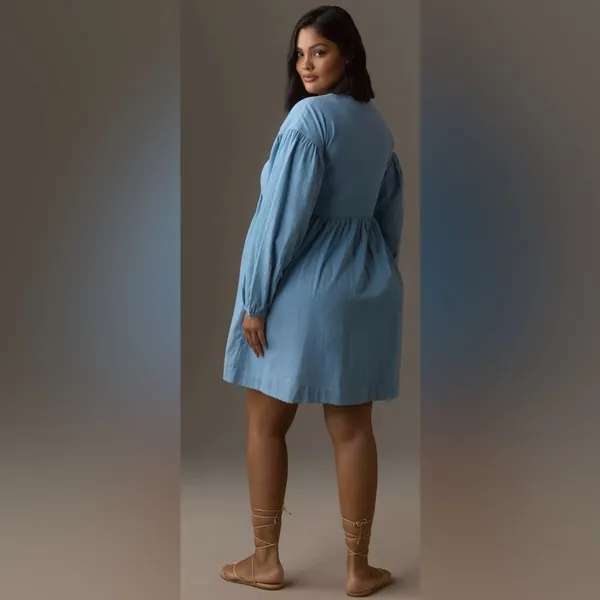 By Anthropologie Long-Sleeve Square-Neck Denim Mini Babydoll Dress Size M NWOT - Image 3