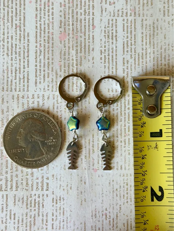 Handmade fish bone & star stainless steel unique funky dangle earrings🌀🐟💙⭐️ - Image 8