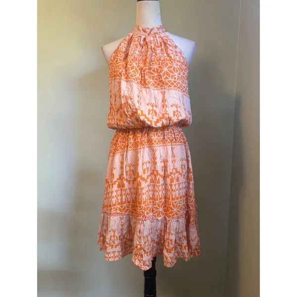 BTFBM Orange Pink boho dainty coastal resort Halter Open Back Mini Dress Large y - Image 3