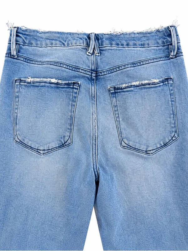 Good American Jeans 12/31 High Rise Straight Leg Light Wash Distressed Raw Hem - Image 4