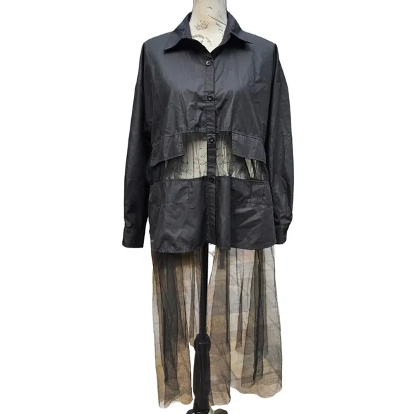 The Vault by Sacha Black Sheer Mesh Tulle Longline Button Down Shirt Medium - Image 2