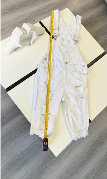 American Bazi White Distressed Denim Overalls - Size S (Fringe Hem) - Image 11
