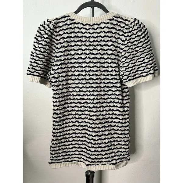 Sezane Mae Jumper Ecru Ocre Organic Cotton Chevron Pointelle Knit Henley Top M - Image 5