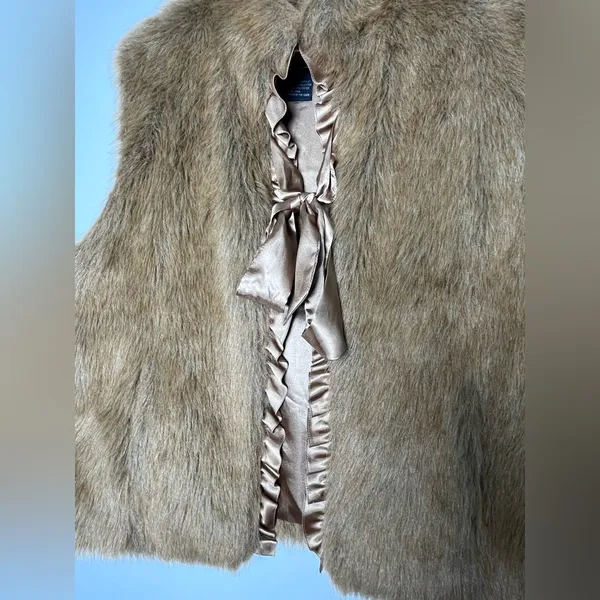 Terry Lewis Women’s Faux Fur Vest Satin Trim Y2K Mob Wife Brown Luxe Women Sz L - Image 3