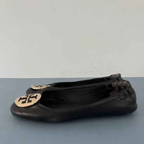 Tory Burch‎ Minnie Black Leather Gold Logo Elastic Heel Ballet Flats - Image 4