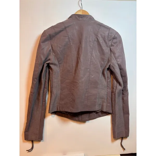 Free People Vegan Leather‎ Moto Jacket Mauve Purple Ribbed Knit Panels Size 4 - Image 2